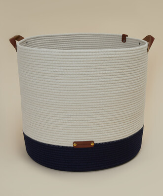 LEATHER HANDLED BASKET 40X36 cm NAVY BLUE-CREAM - 2